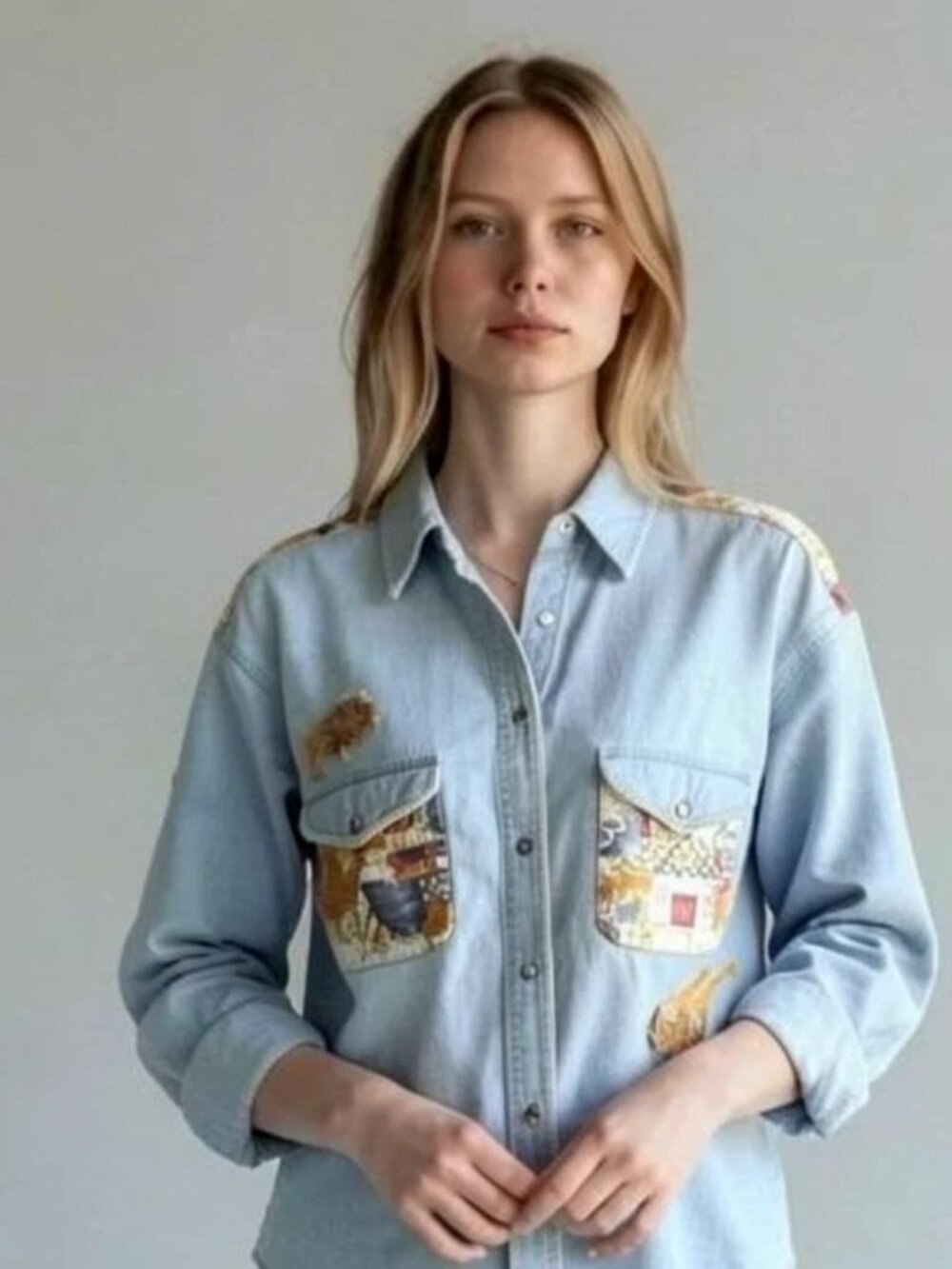 Vintage Details Express Women Size M Safari Life Denim Button Up Shirt Blue
